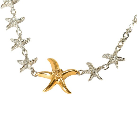 Versace Silver & Gold Color Metal Strass Stars Shaped Chain Necklace Pendant - Picture 3 of 8